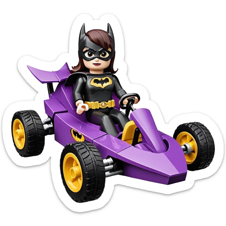 Hot full size real size-appearance electric road racing sexy BatGirl’s feminine midnight-colored tight outfit sixty’s tv show Lego dark stealthy sporty safe plush petite off-road pursuit cruiser car rose gold accents (black hair,reclined and relaxed torso and shoulders seating position) go kart  sticker