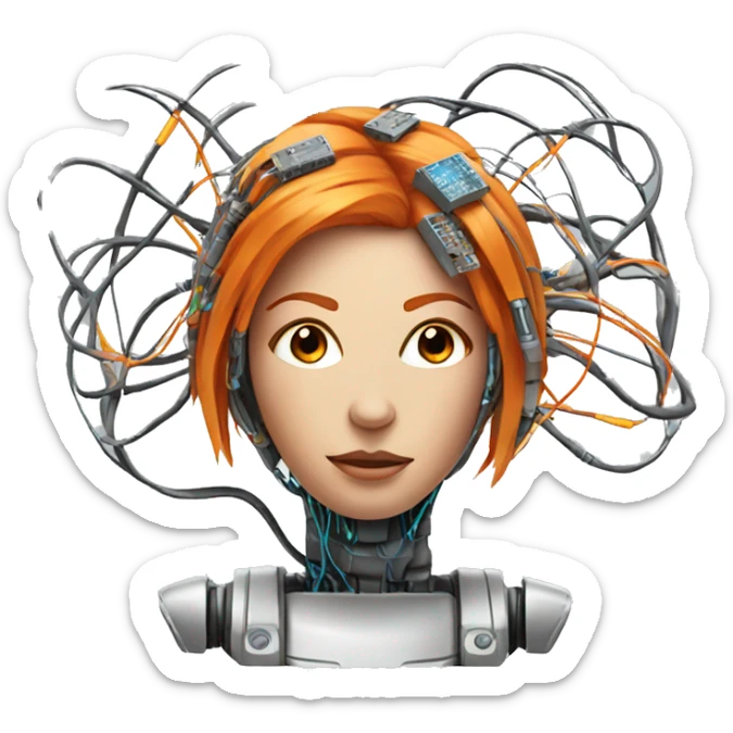 Head of female cyborg with orange hair and circuits wires sticker
