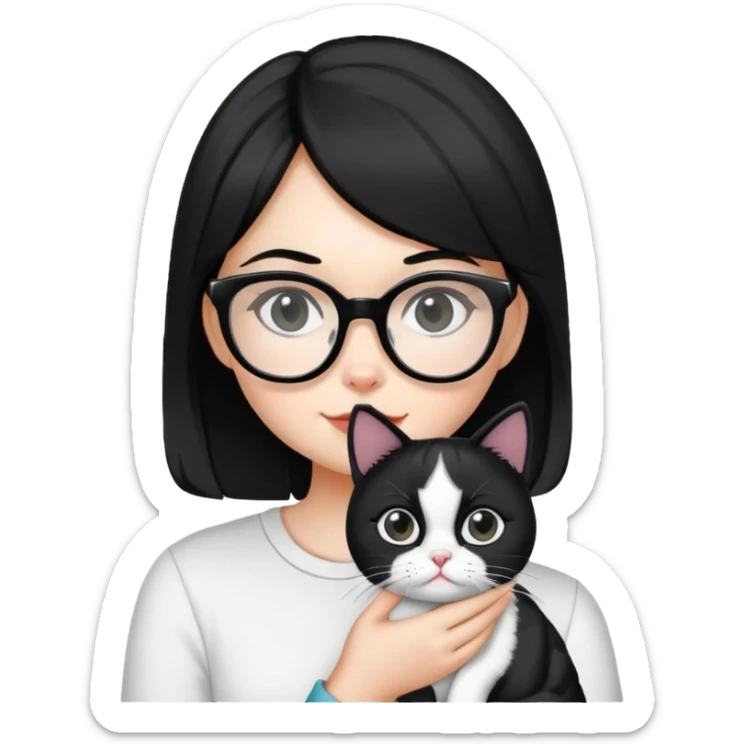 Girl with black hair wearing glasses holding a black and white cat sticker