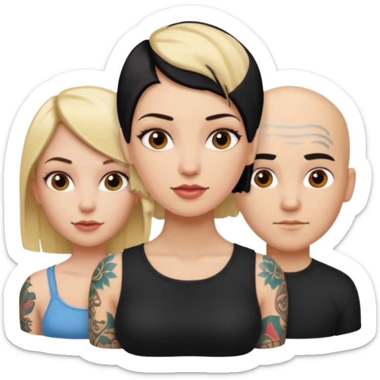 throuple blonde femaleand brunette female with bald tattooed male sticker