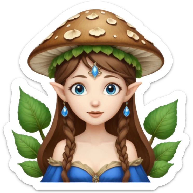 Hyper realistic mushroom elf mage fairy queen pale skin brown hair and blue-eyes sticker