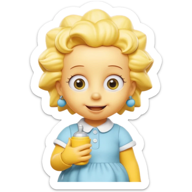 A 3D cartoon baby character fully yellow skin, styled like Maggie Simpson, with pacifier, big eyes, smooth shading, Memoji-style rendering, consistent with other yellow Simpsons characters. sticker
