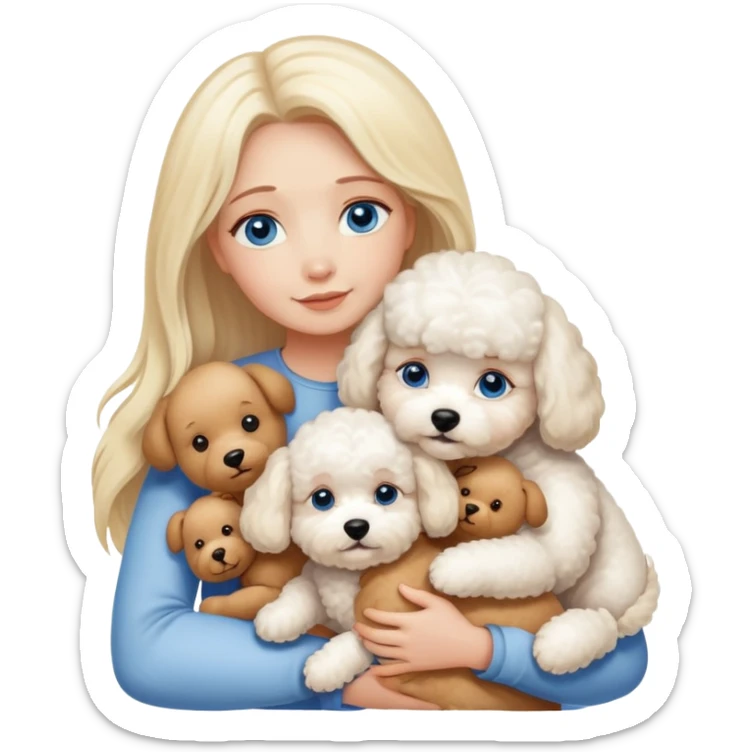 Blonde blue-eyed long-haired mother hugs two dogs, a Bichon Frise and a Teddy sticker