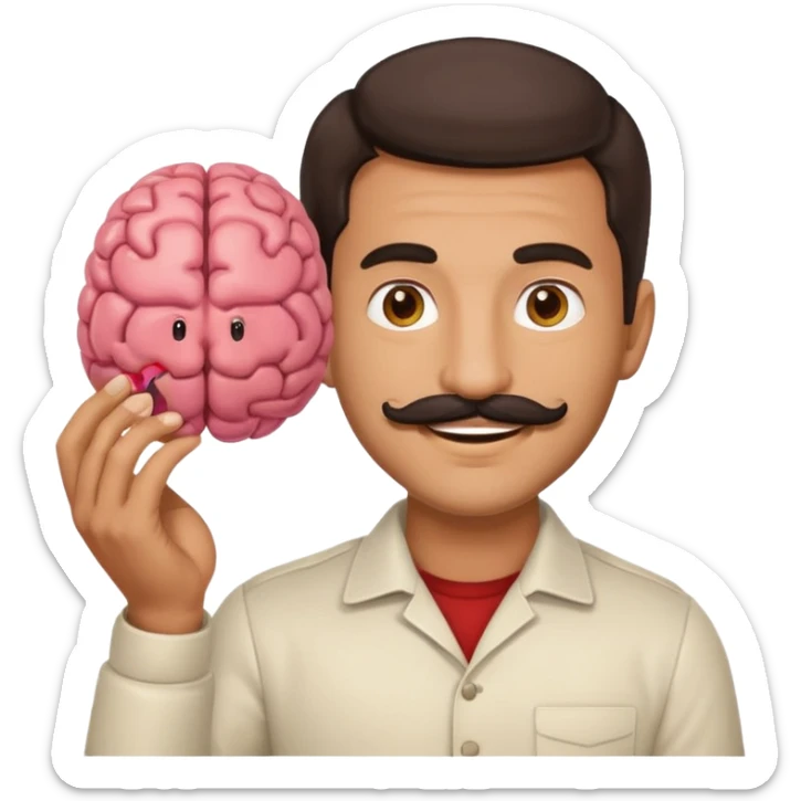 attractive man with dark hair and mustache holding a brain as an emoji sticker