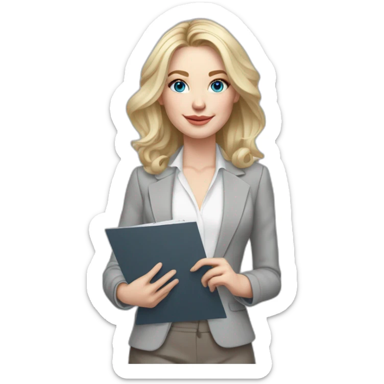 pale skin woman interior designer with cold blonde middle length hair, blue eyes, White blouse, Gray oversize jacket, Gray skirt holding a color palette in the hands sticker