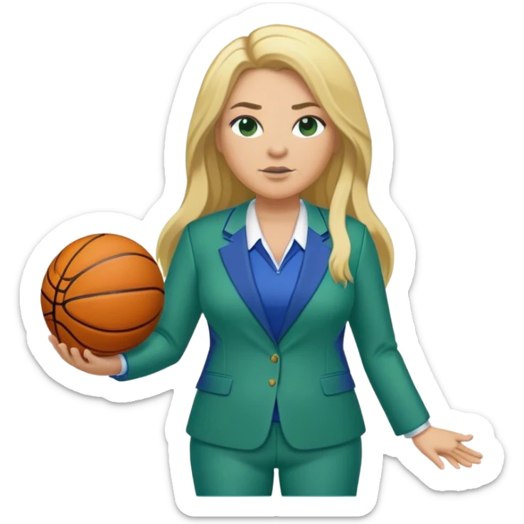 Full Body white plus size female basketball head coach with long blonde hair in a blue and green suit sticker