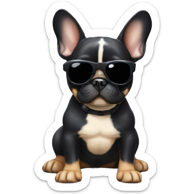 French bulldog with black body and ears and tan paws and belly with sunglasses sticker