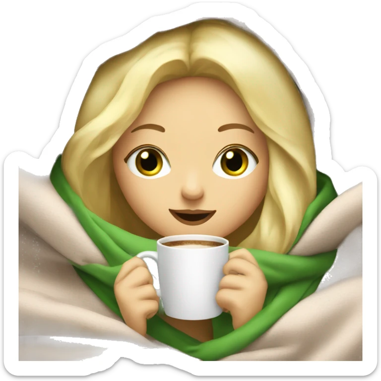 blonde girl inside a blanket sipping coffee blonde hair green eyes sticker