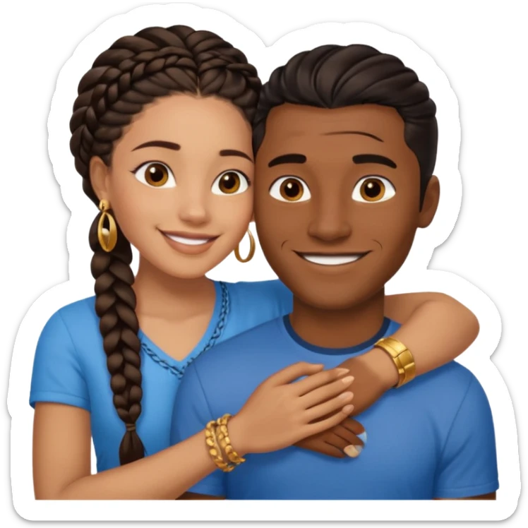 smiling embracing interracial couple. dark ebony woman with long braided hair and jewelry. brazillian man short hair wearing blue. sticker