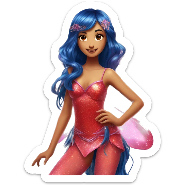 Musa asian adult fairy of music in her enchantix fairy red sparkling two-piece clothing and fairy enchantix wings and long dark blue hair in pigtails from winx club. Lots of sparkles and fairydust. Full body pic and full fairy bliss sticker
