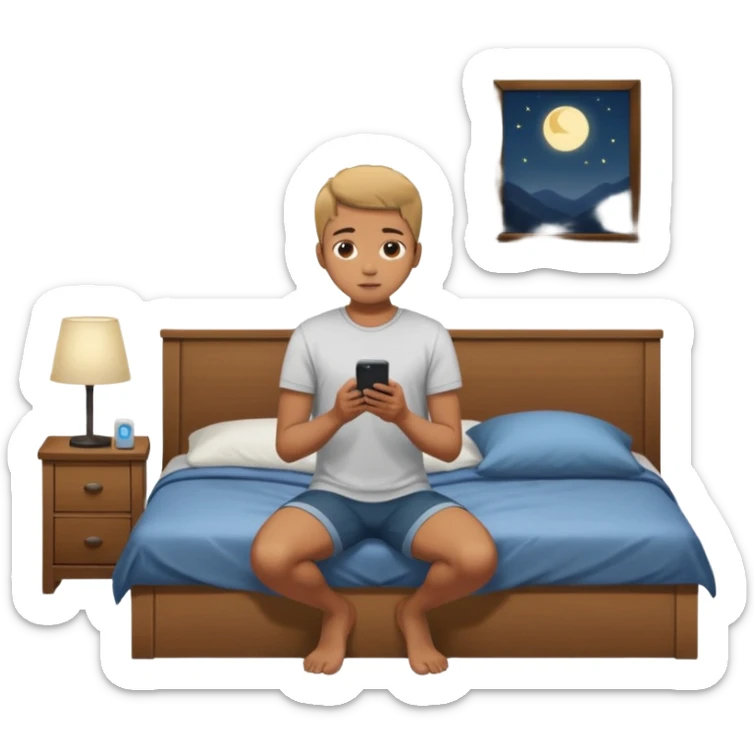 Gen Z young person kneeling beside bed in bedroom at night praying, smartphone on nightstand, wearing casual clothes, dim lighting, posters on wall sticker