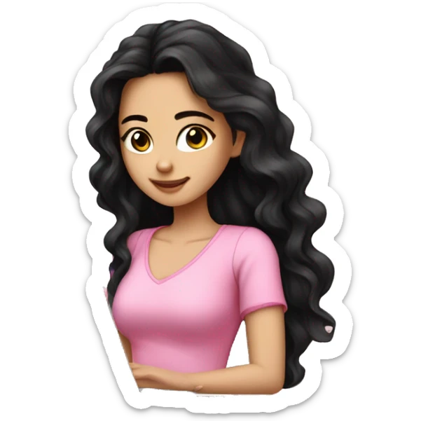 Beautiful girl,Black hair,wavy hair，long hair,Black eyes,Chinese, typing on laptop, Pink top  sticker