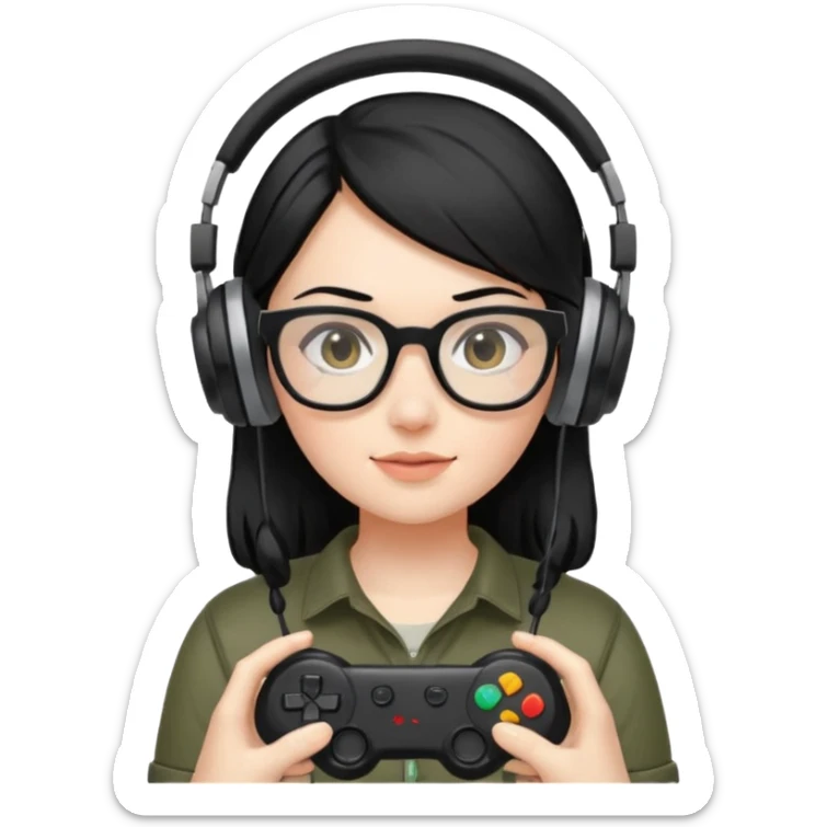 
gamer, woman shiny black hair no eyebrows with glasses, headphone, gamepad sticker