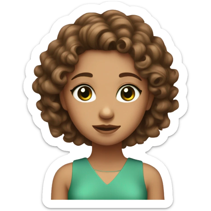 Girl have dark green eyes and have curly brown hair and she wear pink dress sticker