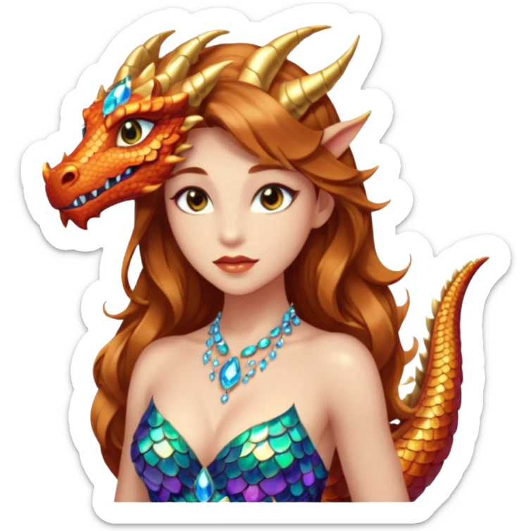 Am amazing blend of a half dragon woman with glittering jeweled scales covering her body. She has large almond shaped eyes, lush lips, and she wears a stunning luminescent gown. sticker