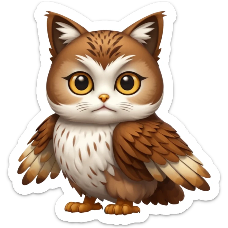 crea un gato con alas de búho con pelaje color cafe y blanco y que este con las alas cerradas y sin ningun objeto en las alas sticker