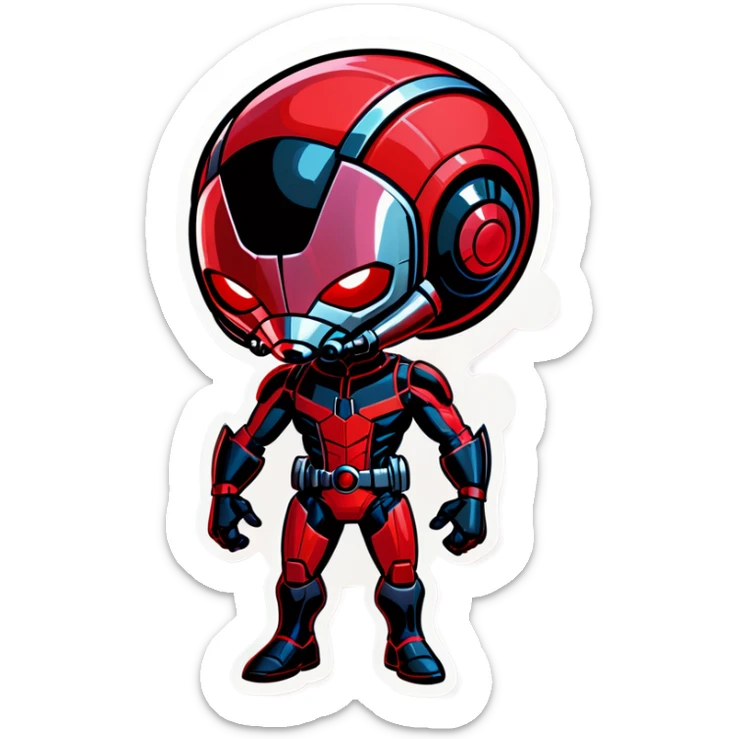 A cute and futuristic ant man mascote. His body is primarily in red-pink and light pink, with subtle dusk black details for contrast. The ARICHAIN name is prominently displayed on its chest. sticker
