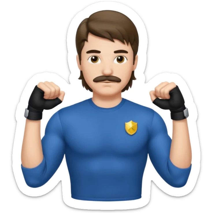 generate an ios genmoji of a 20 year old boy with shoulder length hair and a mullet. cop mustache. BIG biceps and wearing a full sleeve tshirt that fits his biceps sticker