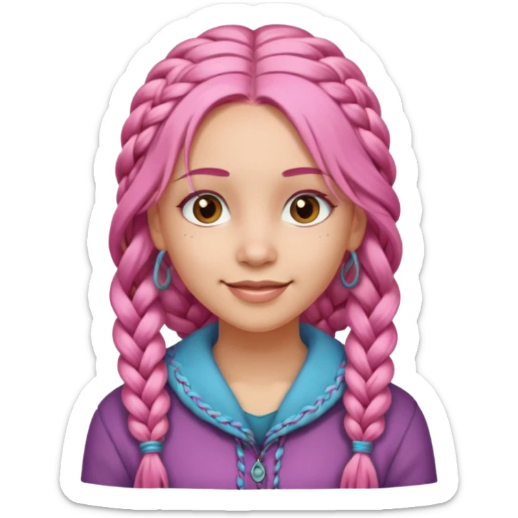 A light-skinned woman with long pink hair styled in braids, brown eyes, and a gentle smile. sticker