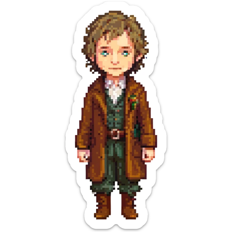 Whole body image of bilbo baggins from the hobbit movie in pixel art style. Bilbo is younger. Make Bilbo look like the actor that portrayed him in the movie, Martin Freeman. Bilbo is wearing the same outfit he was wearing when he left the shire with Thorin Oakenshield. sticker