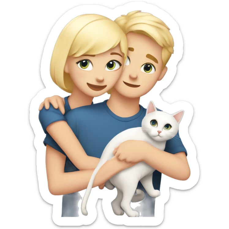 Guy with blue eyes and very short hair is hugging a girl with a blond bob hair cut. There are their two cats. One cat is orange and white and another one grey and white. Cats are very fluffy sticker