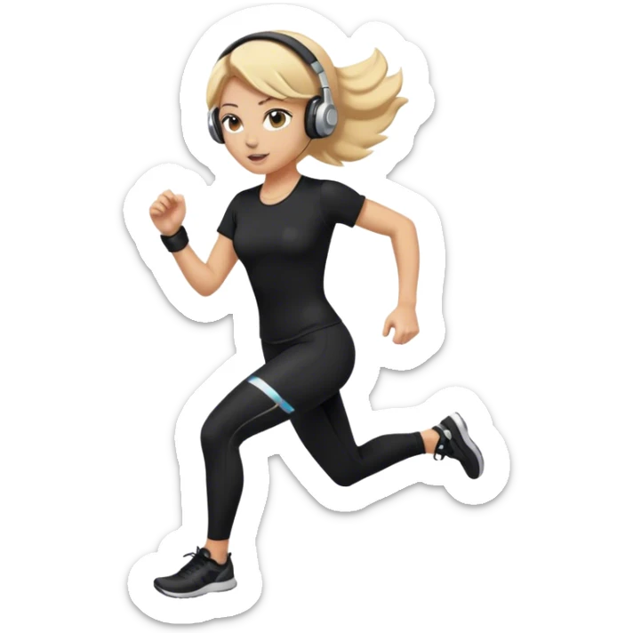 Tan girl who is blonde with black leggings and black tight shirt running with headphones sticker