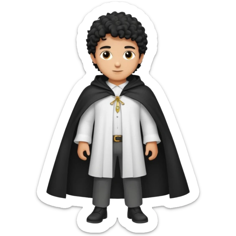 Apariencia: Joven de unos 25-30 años, atractivo,.
-Rostro: Ojos oscuros, piel ligeramente morena, rasgos árabes finos.
-Cabello: Negro, rizado corto, viste como cristiano (camisa blanca, capa corta, colores sobrios). Que salga de cuerpo completo sticker