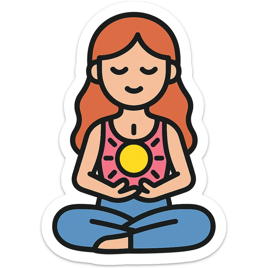feminine drawing of girl in lotus pose holding glowing energy, detailed vector style with soft shadows and highlights, transparent background sticker