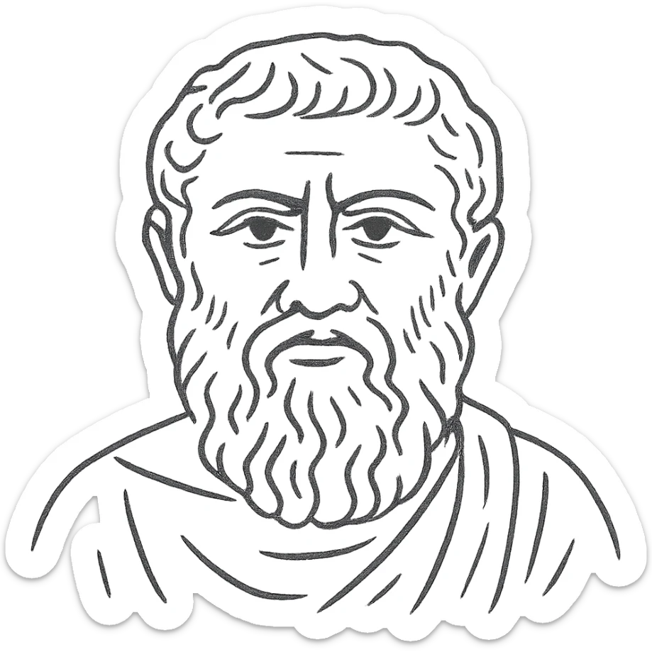 a hand drawn black outline portrait of Plato with similar-sized eyes based a famous portrait of him sticker