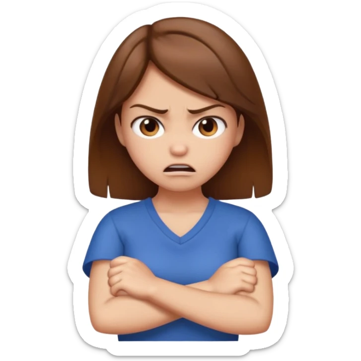 Girl with brown hair crossing arms in front of her chest and making an angry face sticker