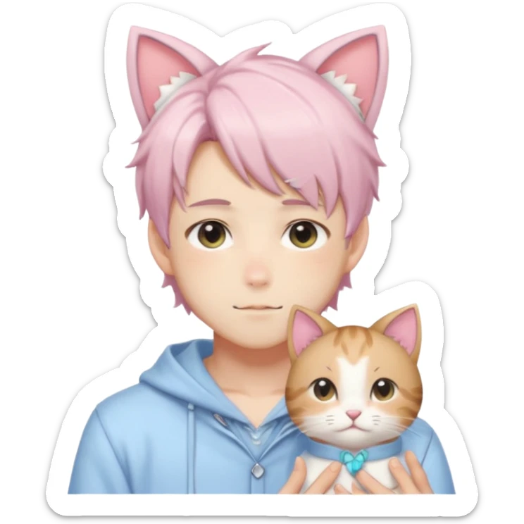 Shiny Blushing Cute Kawaii Handsome Shota Anime Man with Cat Ears Trending Style Cottagecore Pastelcore  sticker