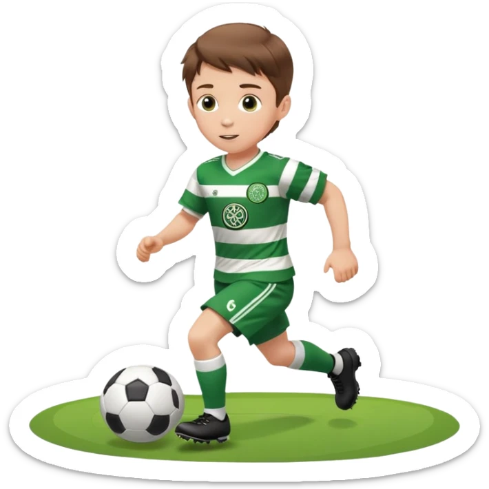 Celtic footballer jersey logo  6 years old brown hair white boy , stripes uniform , RUNNING  with soccer ball # 17 celtic football logo  sticker