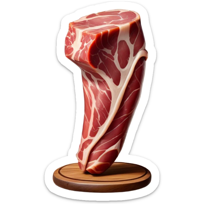 ​Cinematic Realistic Spanish Jamón Leg, depicted as a massive, cured leg of Jamón serrano with a deep reddish-brown hue, intricately marbled and slightly glossy with age, elegantly displayed on a rustic wooden stand and bathed in warm, soft lighting that accentuates its artisanal heritage, sticker