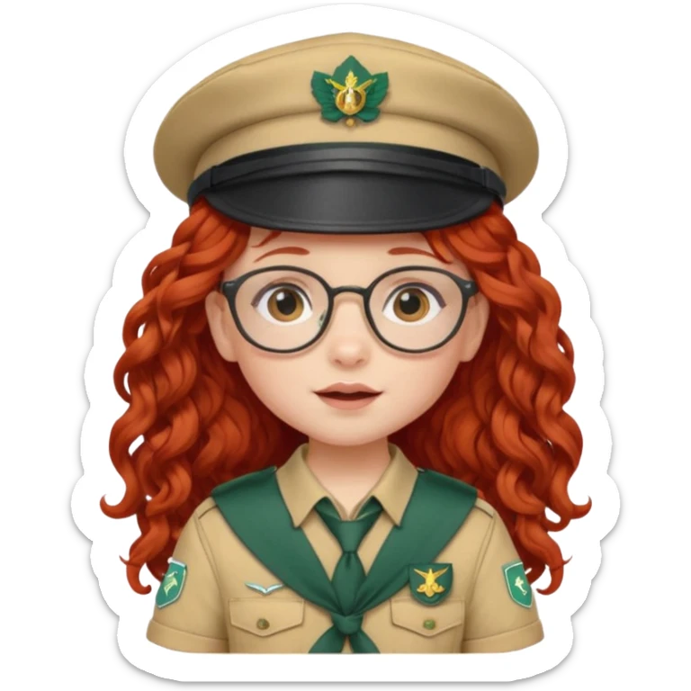 scout girl baby with uniform including the hat,  little with glassess and long curly red hair sticker