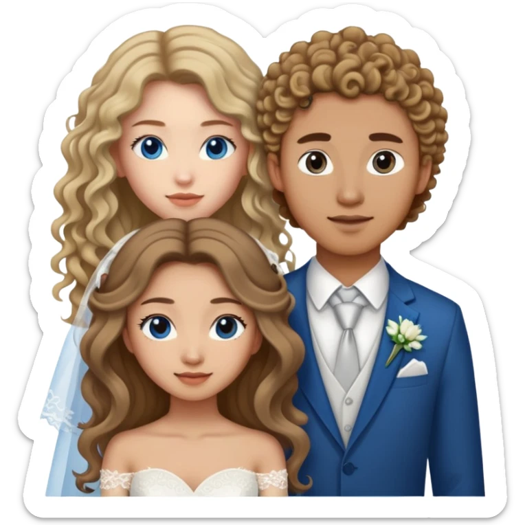 wedding couple. asian girl with long brown hair and guy with dirty blonde curly hair and blue eyes sticker