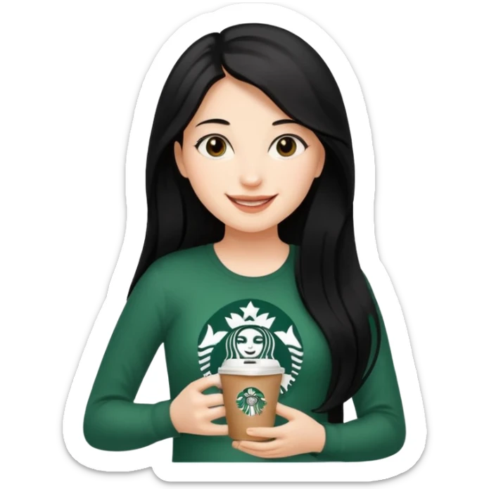 A young girl with long black hair, reaching up to her belly, holds a cup of Starbucks coffee.
 sticker