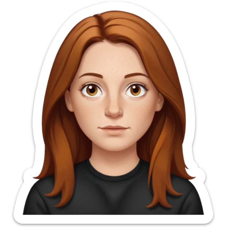 A 38 year old white woman with long brunette hair parted in the middle. She has her nose pierced. Her nose is medium sized. She has brown eyes. She has freckles and is wearing a black sweatshirt sticker