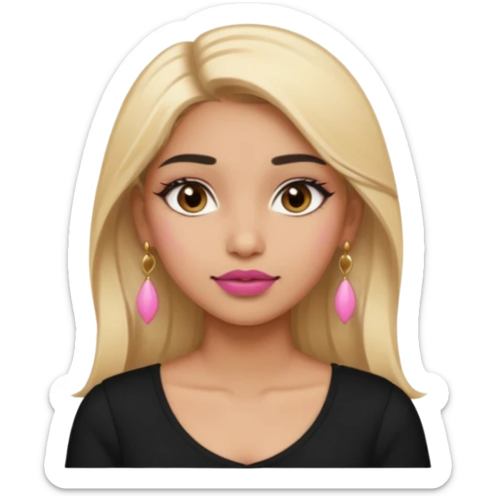Sweet Indian girl blond hair brown eyes brown/pink lipstick pink blush black top gold earrings  sticker