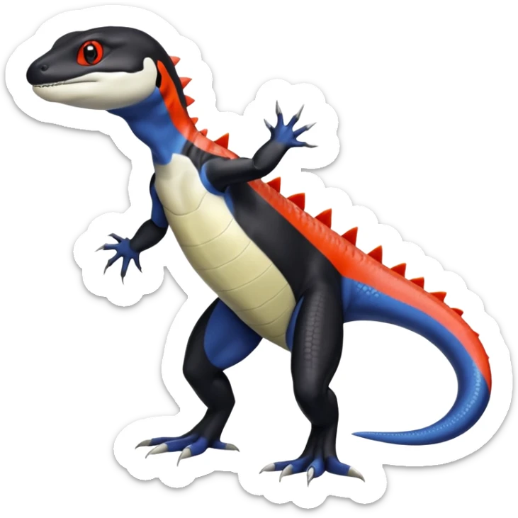 Black and white Orca-hybrid-reptile-reptilian-lizard-skink-gecko-Digimon-Fakémon-Pokémon-fusion-hybrid full body, two legs, two arms, claws, anthropomorphic, with red stripe sticker