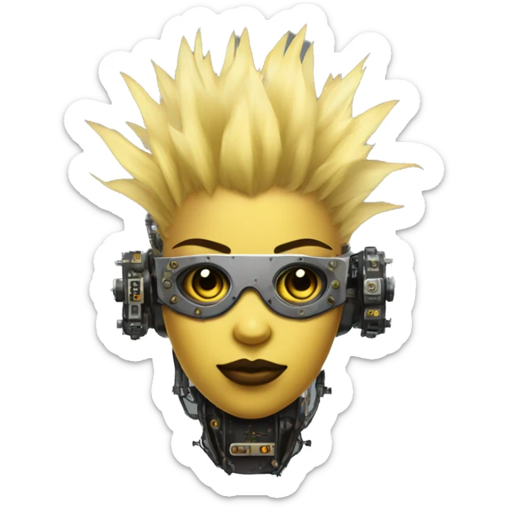 Light yellow Mohawk hair female cyborg head, dark skin, steampunk goggles and circuits sticker