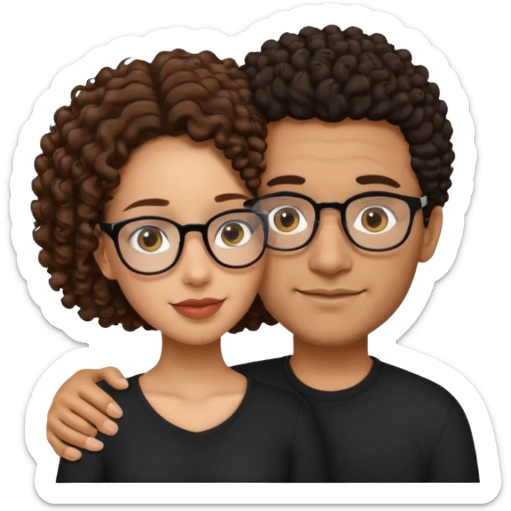 A mixed girl with glasses, the girl is wearing a black shirt, the girl has brown curly hair  and the girl has big boobs. A Mexican man is embracing her, with black bald hair sticker