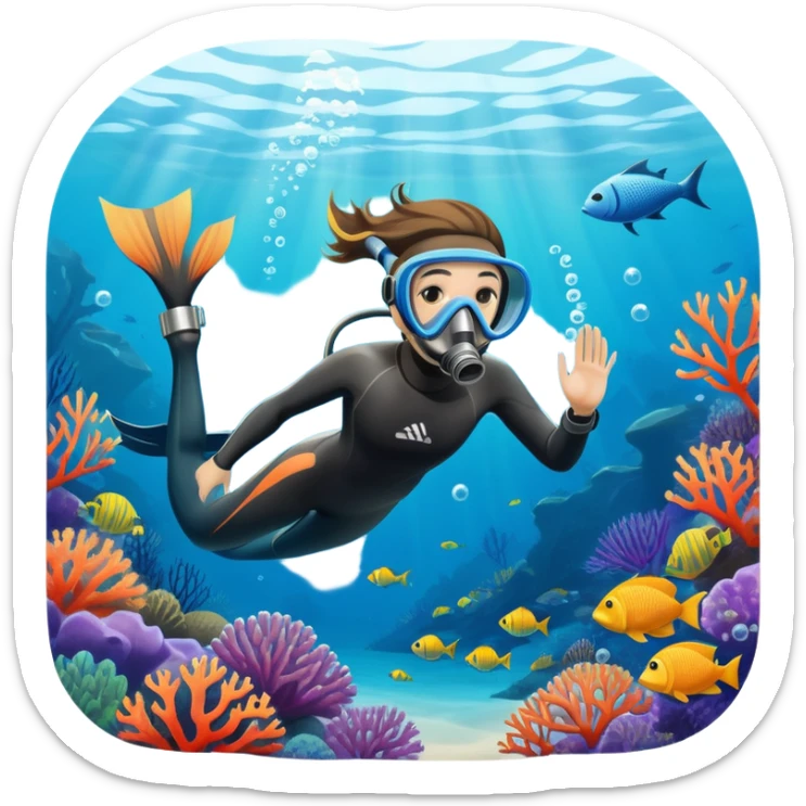 An icon featuring a close-up of a freediving mask and snorkel, with a breath-holding diver's fins, set against a vibrant underwater world. The design includes coral reefs, fish, and bubbles, symbolizing the serene beauty and thrill of freediving. Transparent background highlights the calm sticker