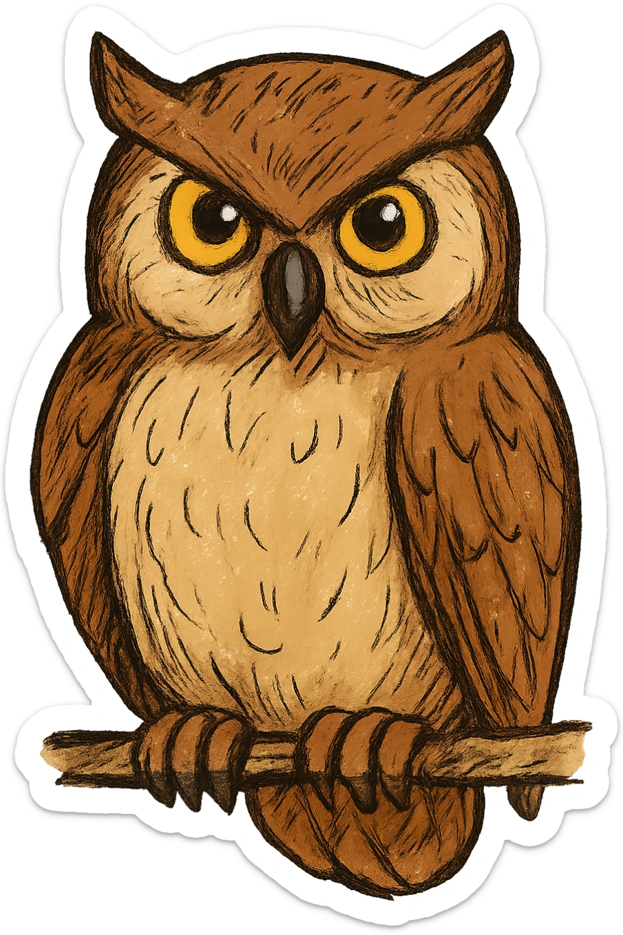 Color the owl in a drawn style with simple contours and simple painting, but with volume, shadows, and highlights as in the reference colored owl. Use natural colors with brown and beige shades and expressive yellow eyes. The style is drawn, not realistic. sticker