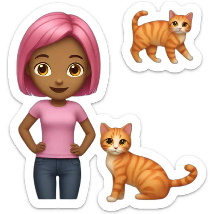 Girl with short pink and purple hair holding two ginger cats sticker