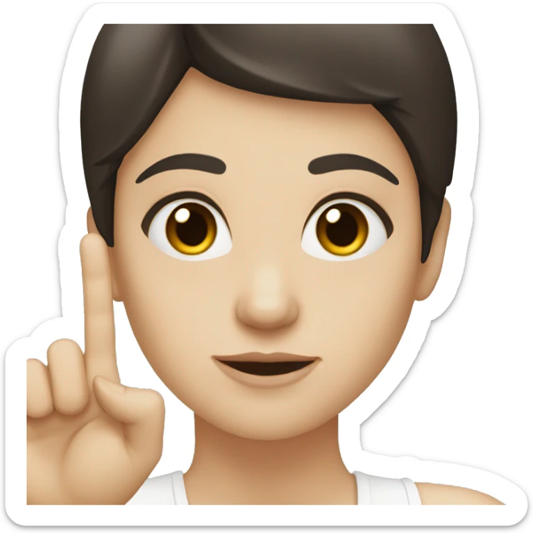 a women with dark hair, pale skin and brown eyes showing a finger sticker