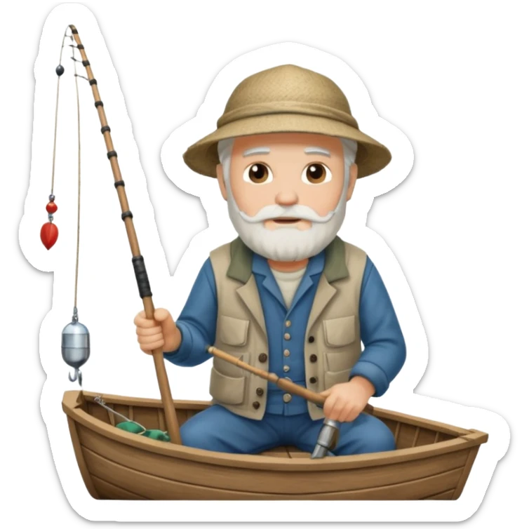 an old white haired, bearded man in fisherman attire, sat in a big boat on the ocean, holding one fishing rod in one hand, with the end of the fishing line touching the water sticker