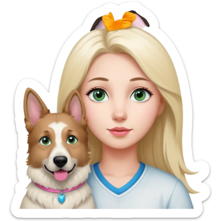 White European young woman with blue-green eyes and long blond hair with her white German Shepherd dog,the Dog hast a pink nose and short fur  and Brown eyes sticker