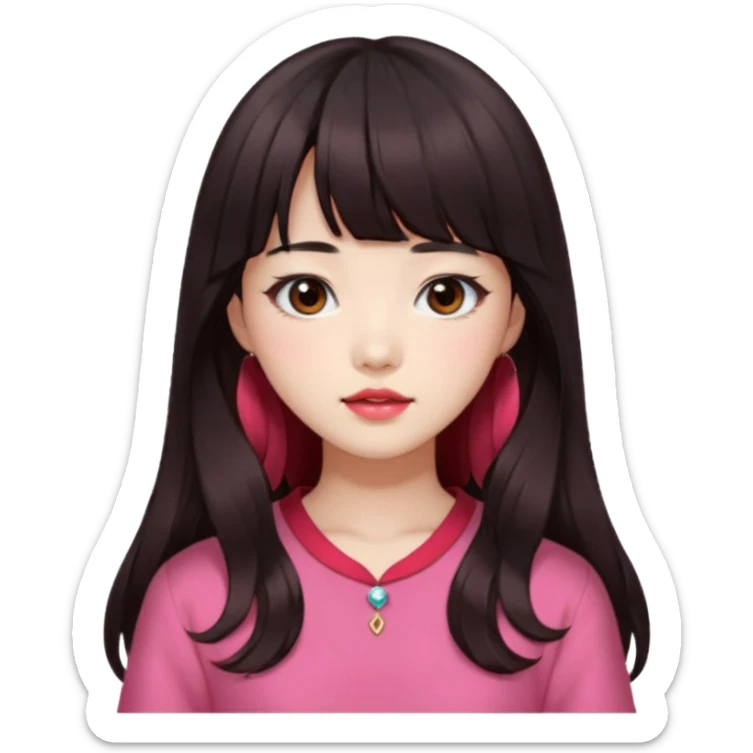 Korean girl, red top, black brown hair, brown eyes, long wavy hair, aesthetic, long hair, hime cut, blunt bangs, pink lip sticker