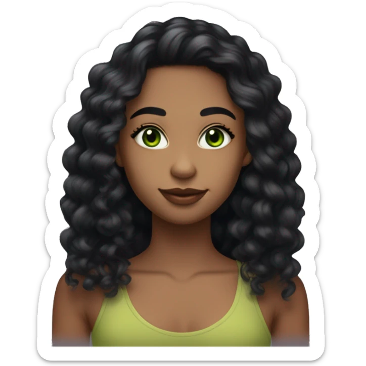 long curly black hair, full body head to toe, eyes with a hint of green, eyes positive  canthal tilt ,medium thick eyebrows , and thin lips, round face shape, soft jawline, full body, teen, sensual, american, woman, well defined feminine body sticker