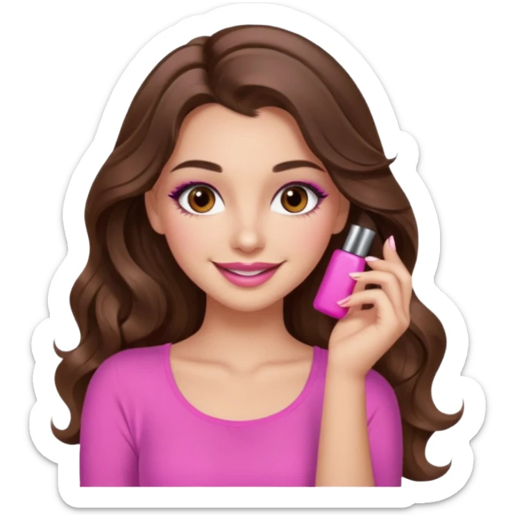 girl with long wavy brown hair, brown eyes, long lashes makeup, sexy pink lips, light to medium complexion, pink sexy top, smiling, hand by the cheek sticker